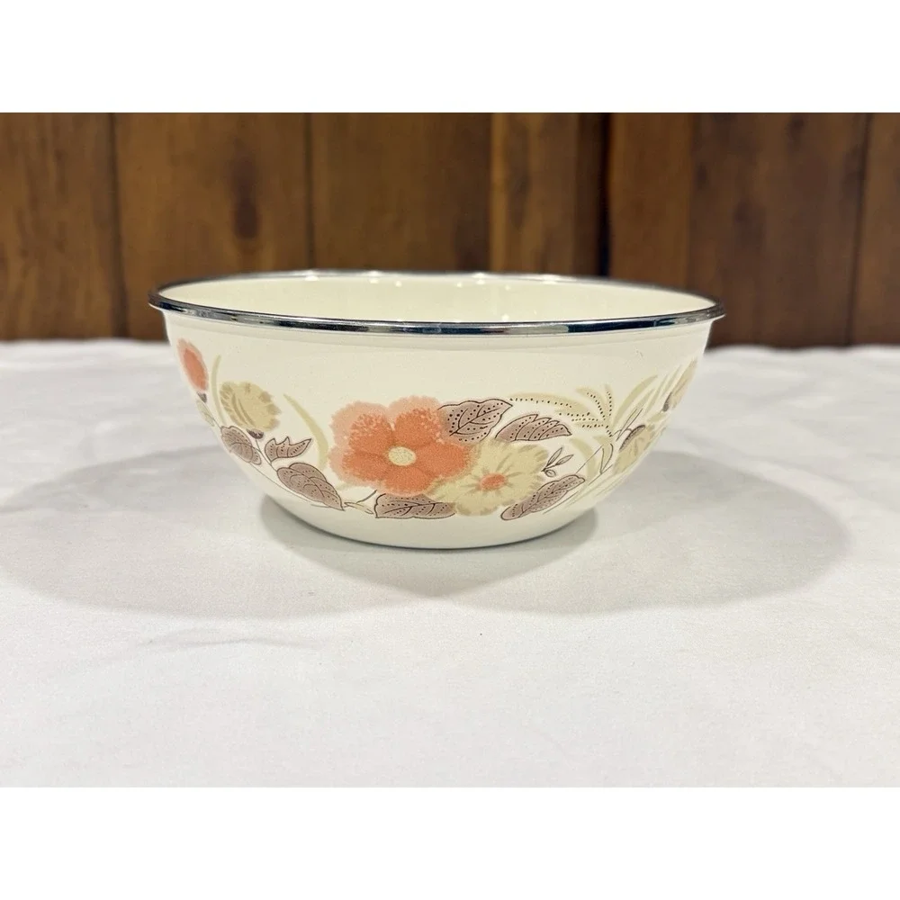 Vintage Enamelware Nesting Mixing Bowls Set 3 Orange Floral 70s Farmhouse